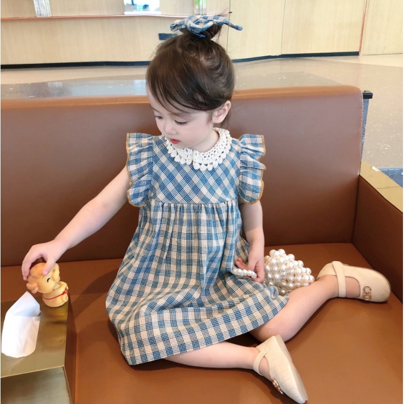 Hàng Có Sẵn Đầm Ngắn Tay Họa Tiết Ca Rô Một Mảnh Thời Trang Mùa Hè Phong Cách Hàn Quốc Cho Bé Gái