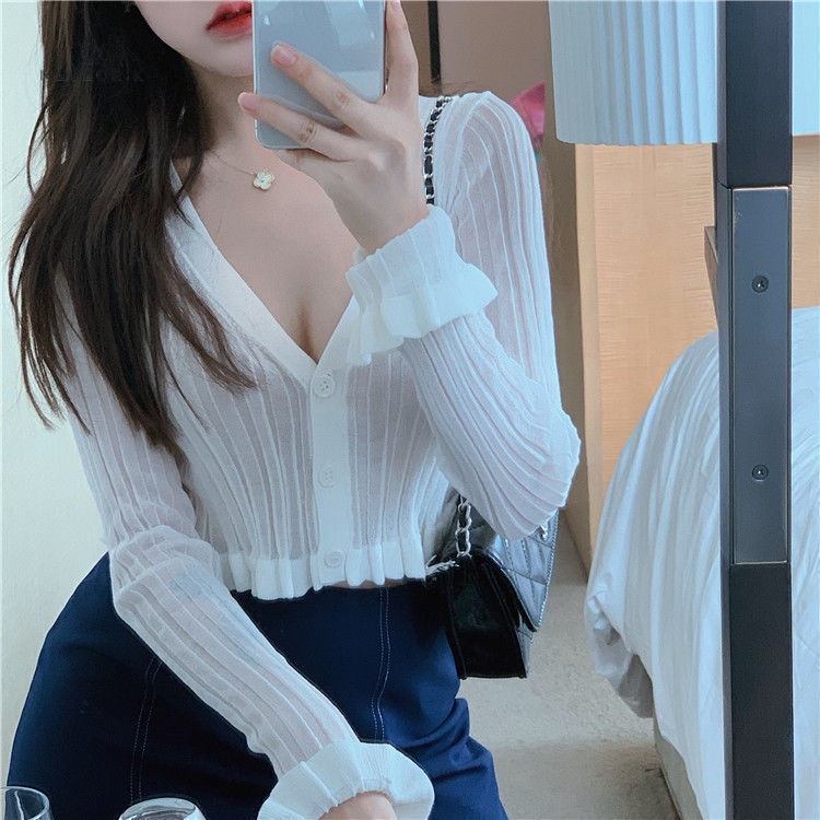 Áo Cardigan Dệt Kim Tay Dài Chất Liệu Lụa Lạnh Mỏng 2021
