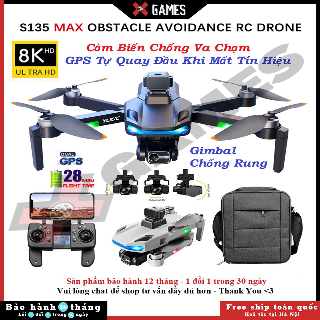 Flycam Camera 8K S135 MAX GPS Cảm Biến Tránh Vật Cản, Thời Gian Bay 30 Phút, Tầm Xa 1500m, Không Chổi Than, 5GWIFI