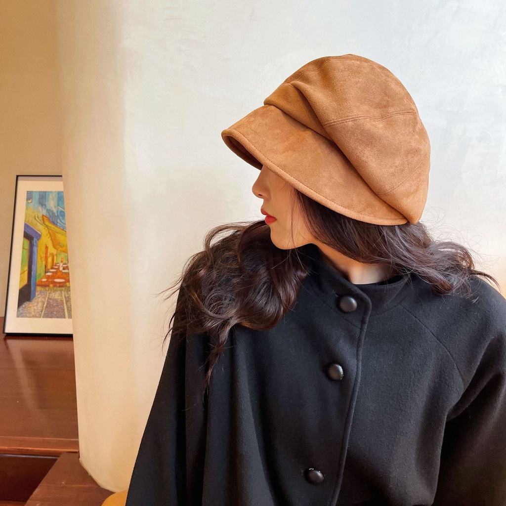 Mũ bucket chất liệu da lộn thiết kế phía trước dài phía sau ngắn thời trang thu đông cho nữ