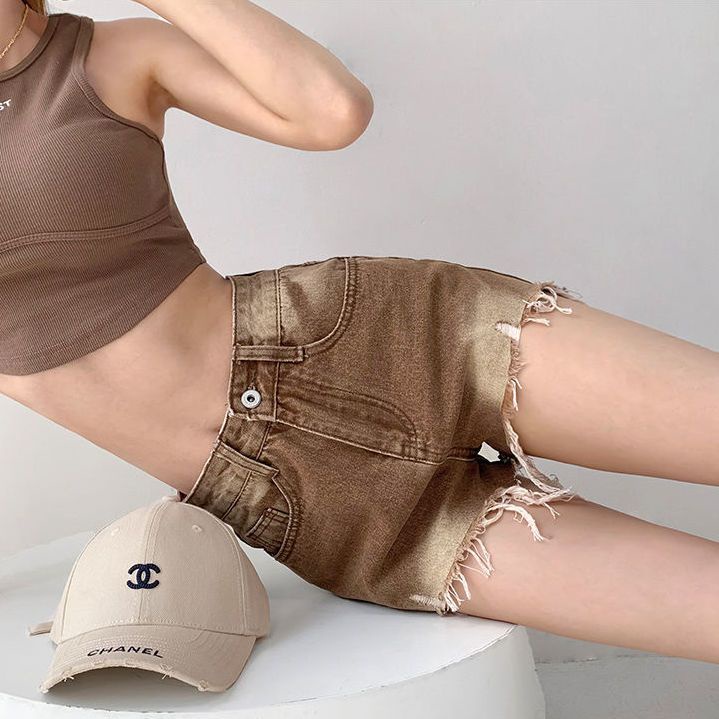 Jiashucheng Quần Short Denim Lưng Cao Ống Rộng Phối Rách Kiểu Retro Mỹ Thời Trang Mùa Hè Cá Tính