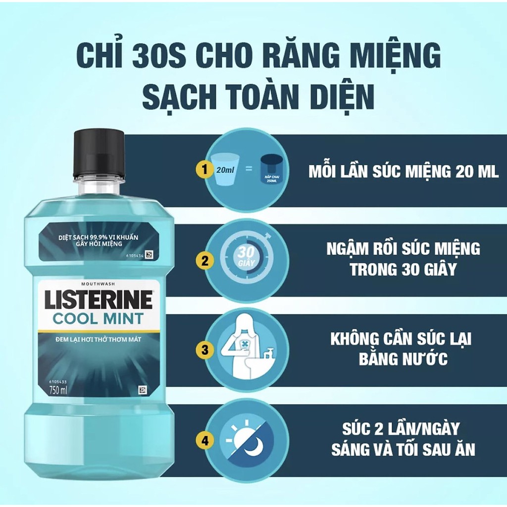 Nước súc miệng Listerine Cool Mint diệt khuẩn giữ hơi thở thơm mát dài lâu