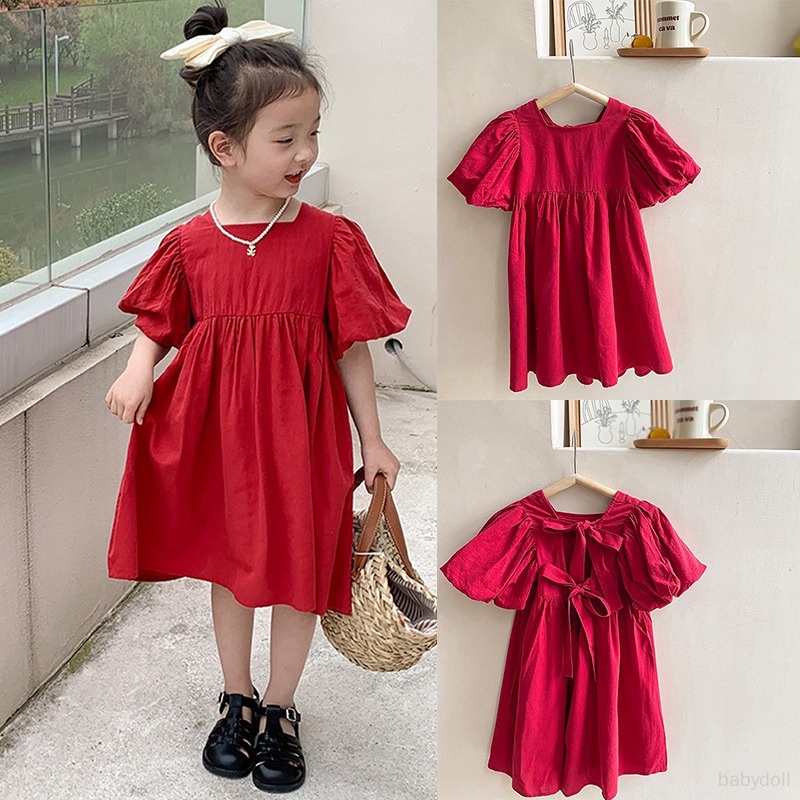 Đầm Công Chúa Màu Trơn Thắt Nơ Lưng Phồng Hở Lưng Thoáng Khí Dành Cho Bé Gái