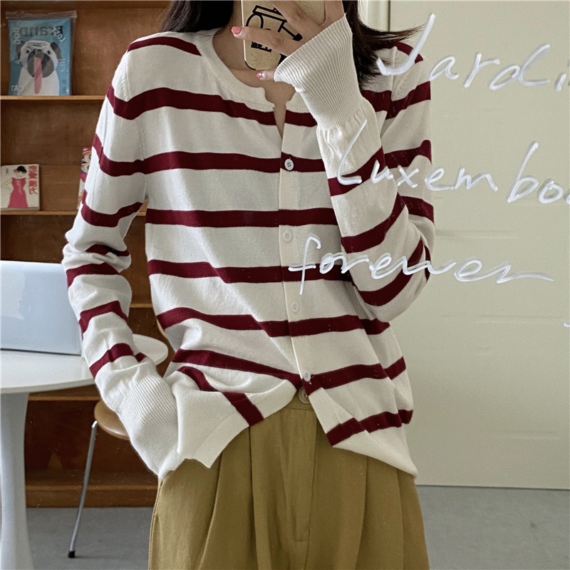 【ZHELIHANGFEI】Áo Khoác Cardigan Dệt Kim Tay Dài Dáng Rộng Kẻ Sọc Trẻ Trung Hợp Thời Trang