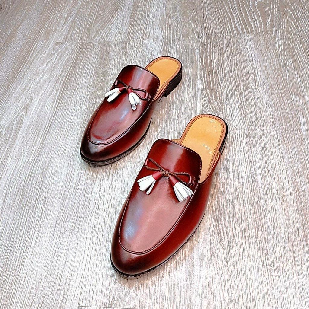 Giày sục da nam đánh màu patina nâu buộc nơ may full viền đế cao su da cao cấp mới nhất 2023