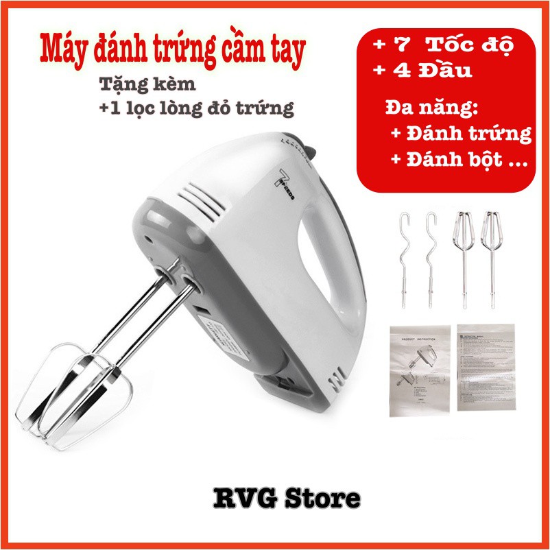 Máy đánh trứng đánh bột cầm tay, 7 Cấp độ, 4 Đầu thép không gỉ, Bảo hành 1 đổi 1, Hàng công ty