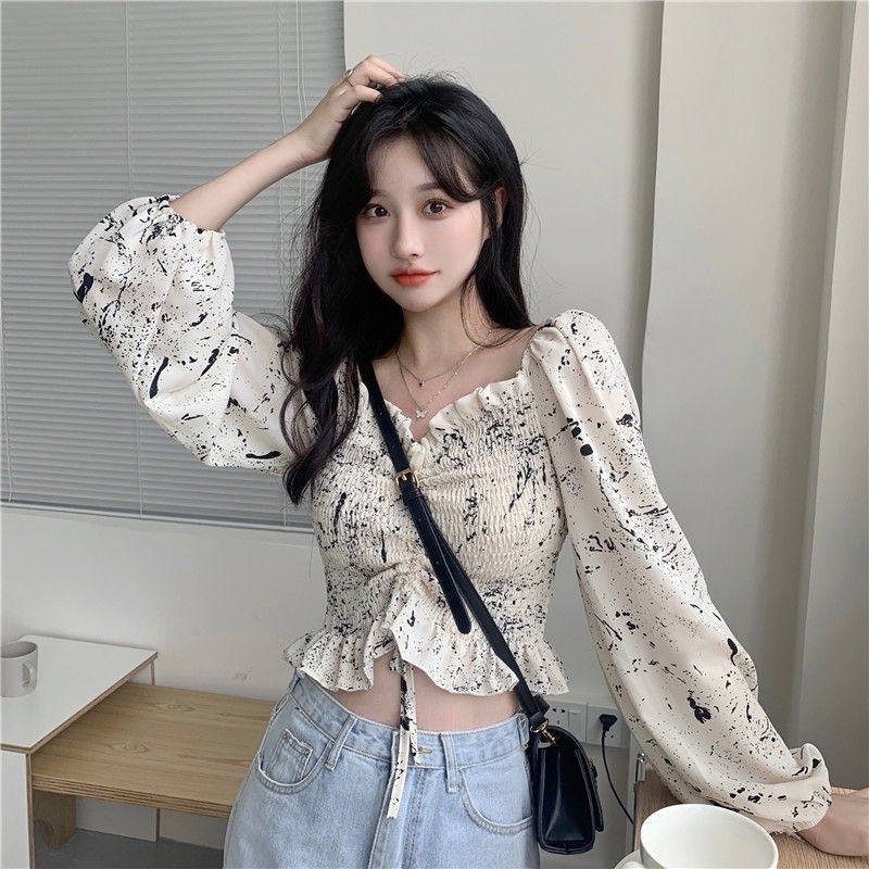 Áo Croptop Tay Dài Thiết Kế Dây Rút Eo Mẫu Mới 2022 Thời Trang Cho Nữ