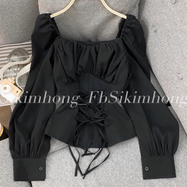 Áo kiểu tay phồng dài đan dây eo( Ảnh shop chụp thật 100%)