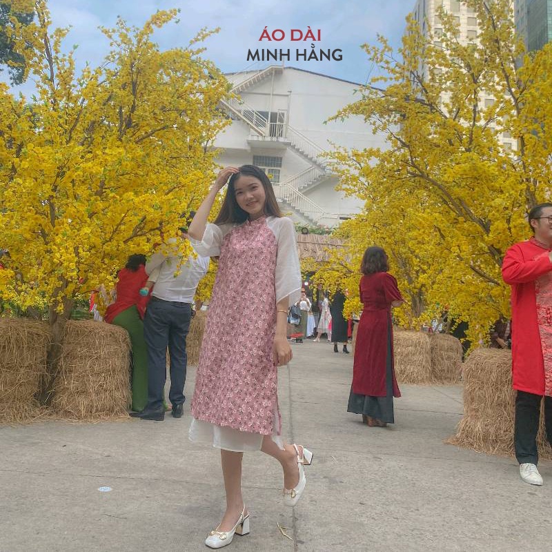 Áo dài cách tân nhung tăm hoa nhí 2022_ Áo Dài Minh Hằng