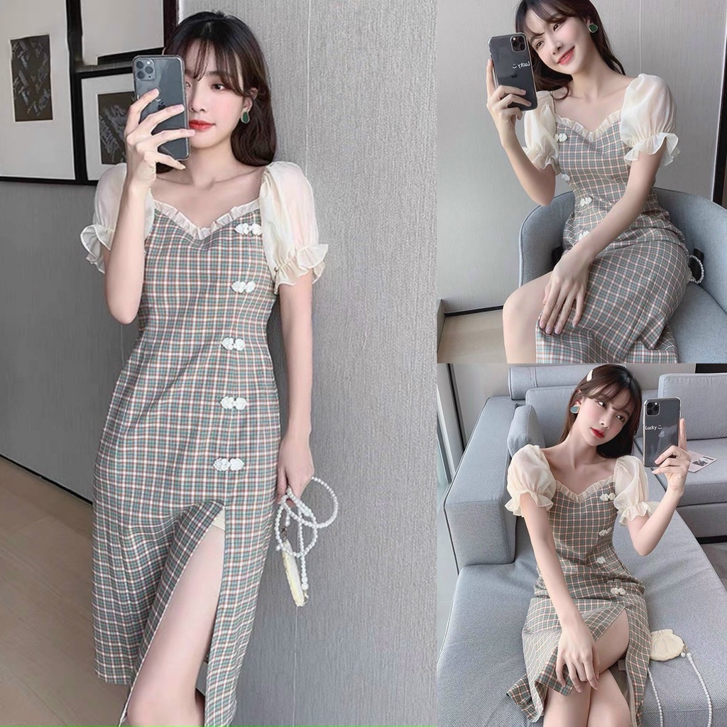 Đầm váy caro phối voan xếp ly xẻ tà xinh xắn thích hợp cho nàng dạo phố, dự tiệc