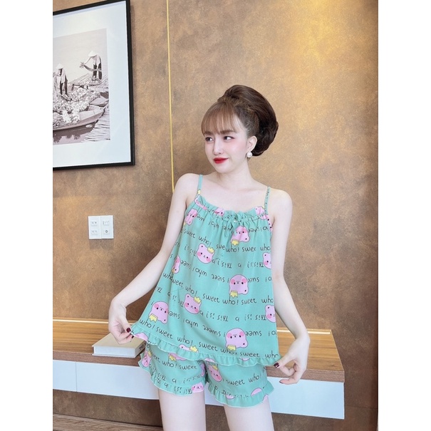 Đồ ngủ 2 dây dễ thương, bộ lụa viền bèo mặc nhà mát