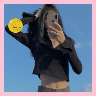 Áo Crotop Tay Dài Áo Polo Nữ VENUS có cổ xẻ tay thun bo tăm Ulzzang