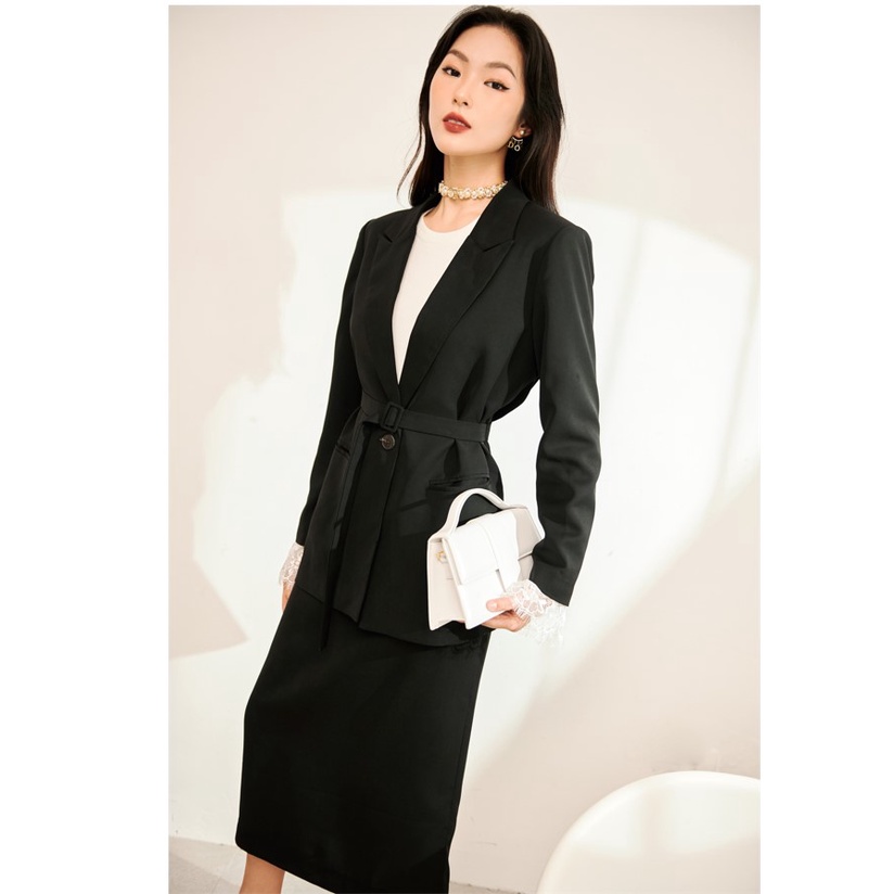 Set áo blazer phối chân váy dáng dài màu đen trang trọng A00529