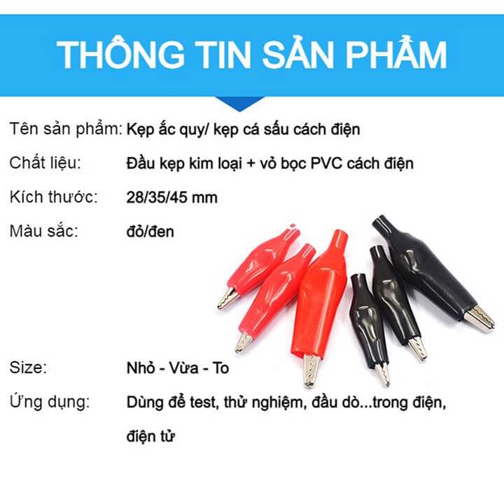 [Bán lẻ] Kẹp cá sấu cho dây dò thử điện, kẹp ắc quy nhiều kích thước 2 màu đỏ - đen vỏ cao su cách điện