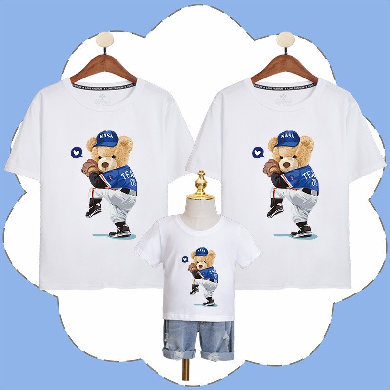 Áo Thun Gia Đình 3 Người In Hình Con Gấu Nón Xanh Cotton Mát Mịn