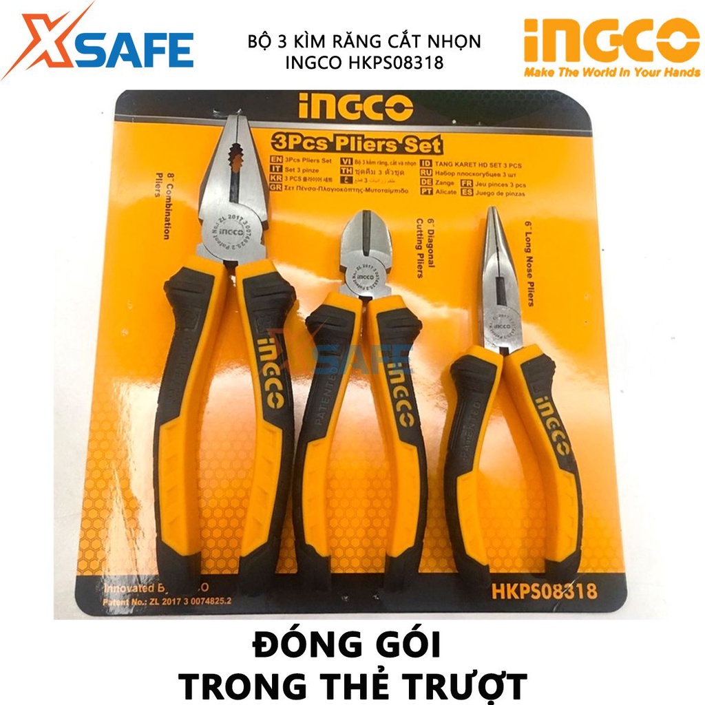 Bộ 3 kìm răng, cắt và nhọn INGCO HKPS08318 Bộ 3 kềm chất liệu cao cấp, chống gỉ, chịu lực chịu nhiệt tốt - Chính hãng