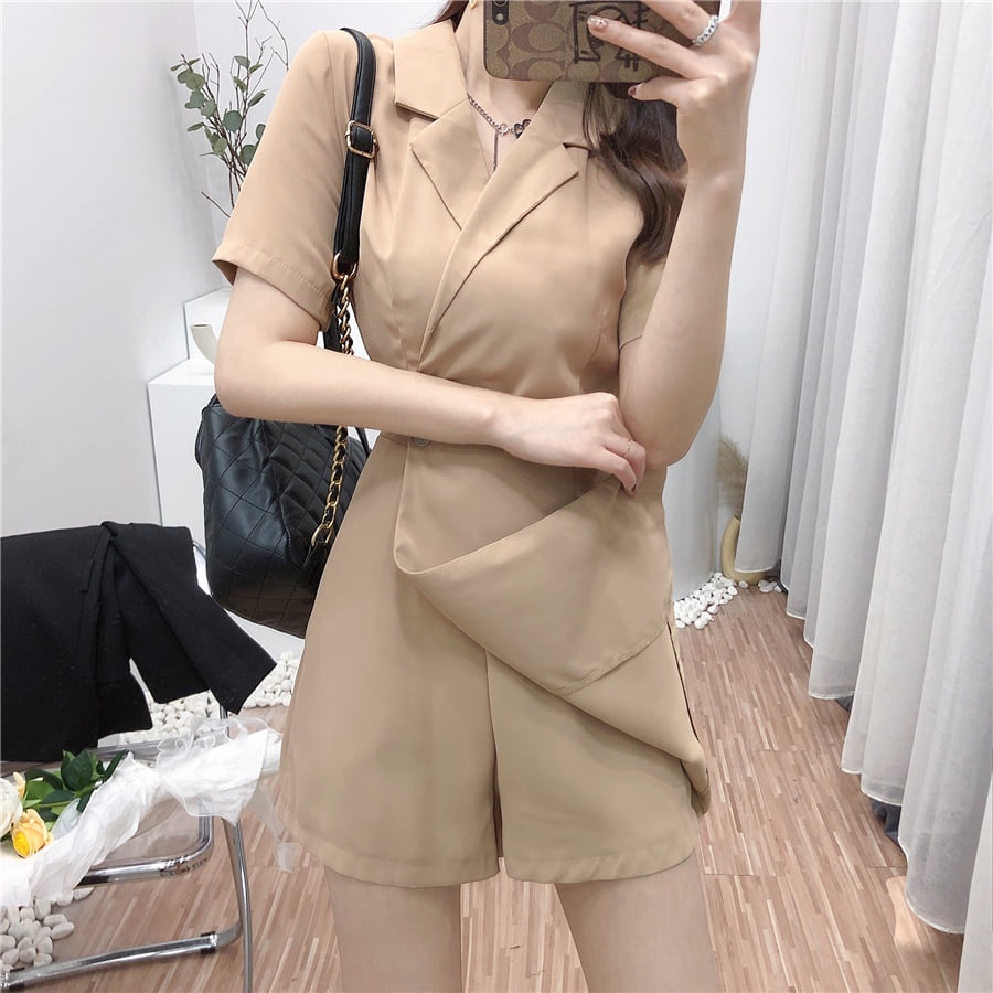 [C344] Váy Jumpsuit cổ vest 2 màu - Váy đầm nữ cộc tay cổ vest thanh lịch hàng freesize giá siêu rẻ