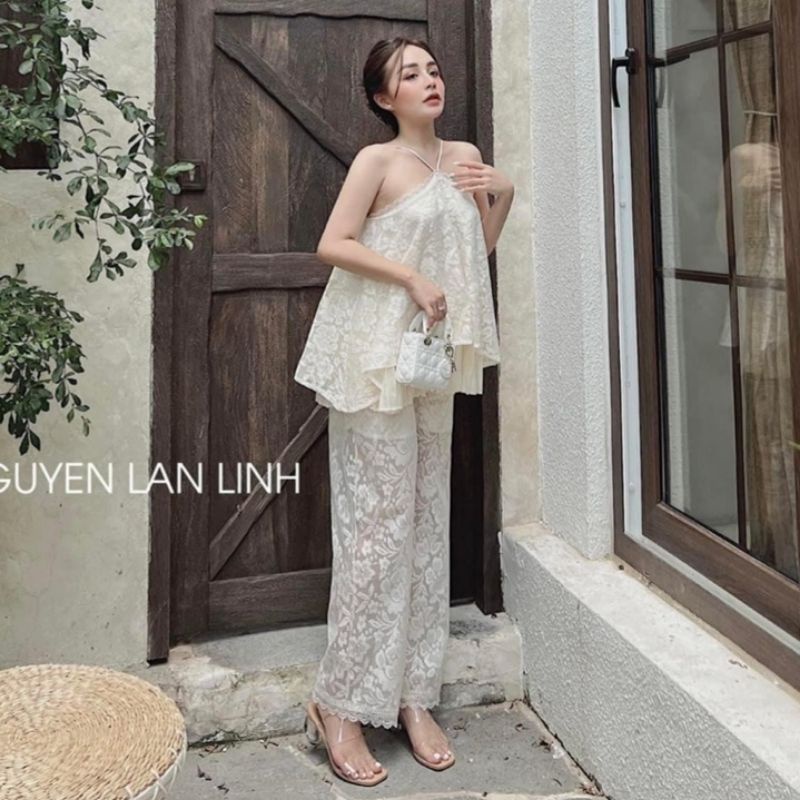 Set áo yếm ren hoa + Quần suông ren kem