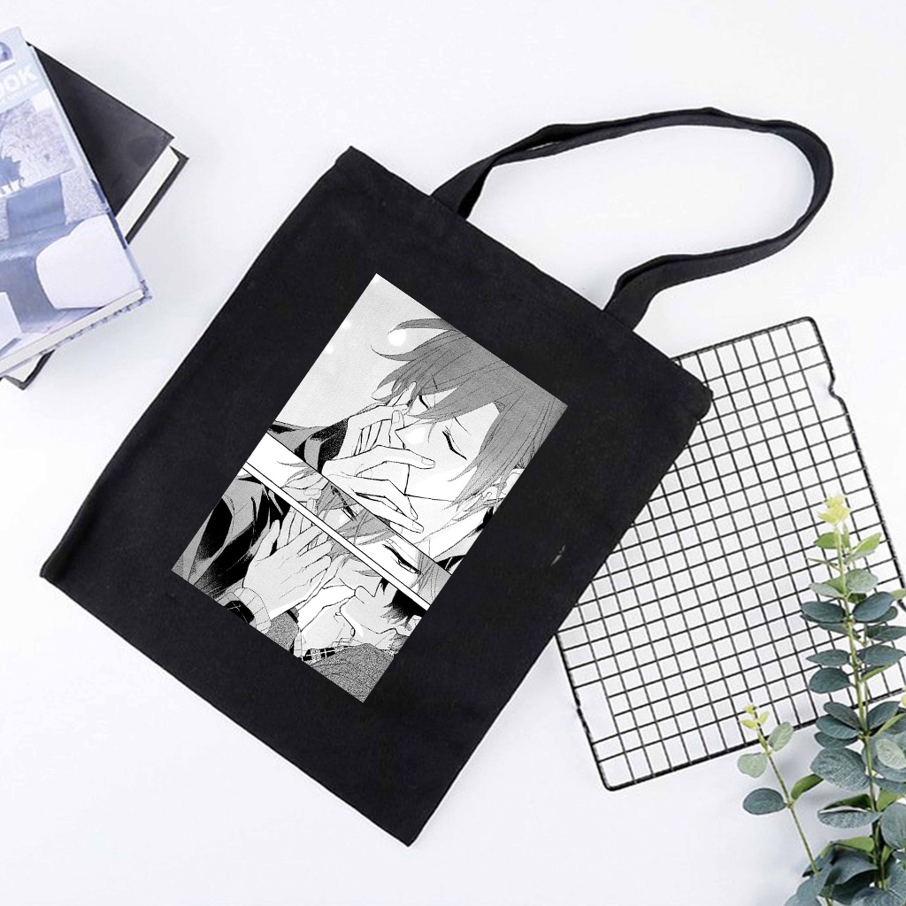 Túi tote vải đen trắng in hình Sasaki và Miyano tiện lợi anime chibi thời trang hàn quốc