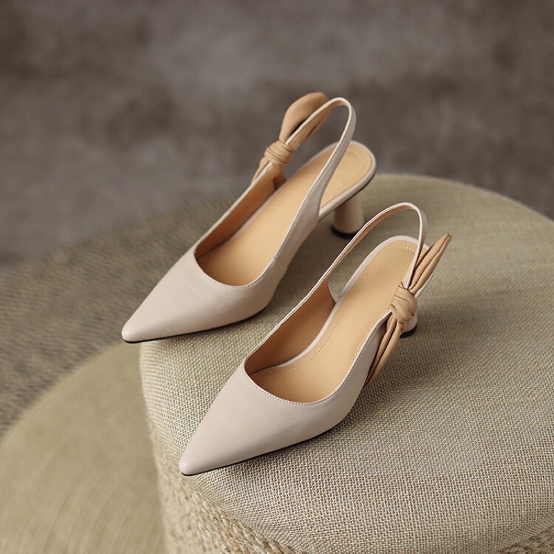 Giày cao gót nữ bít mũi thắt nơ. Sandal cao gót mũi nhọn hở eo 7-8 phân HP14