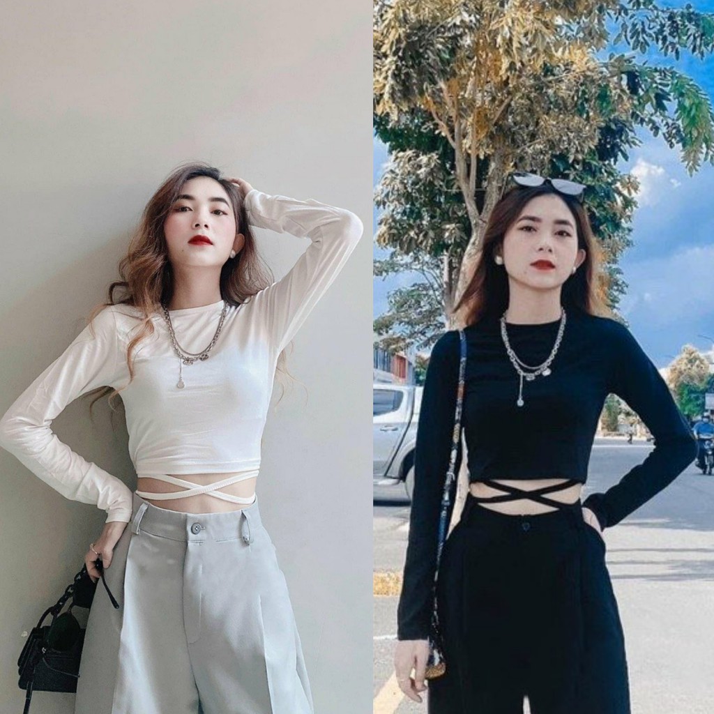 [HÌNH THẬT] ÁO CROPTOP CỘT DÂY HỞ EO ÔM BODY CO GIÃN - ÁO THUN DÀI TAY CRT TRƠN BASIC TRẮNG ĐEN ULZZANG CÁ TÍNH 24