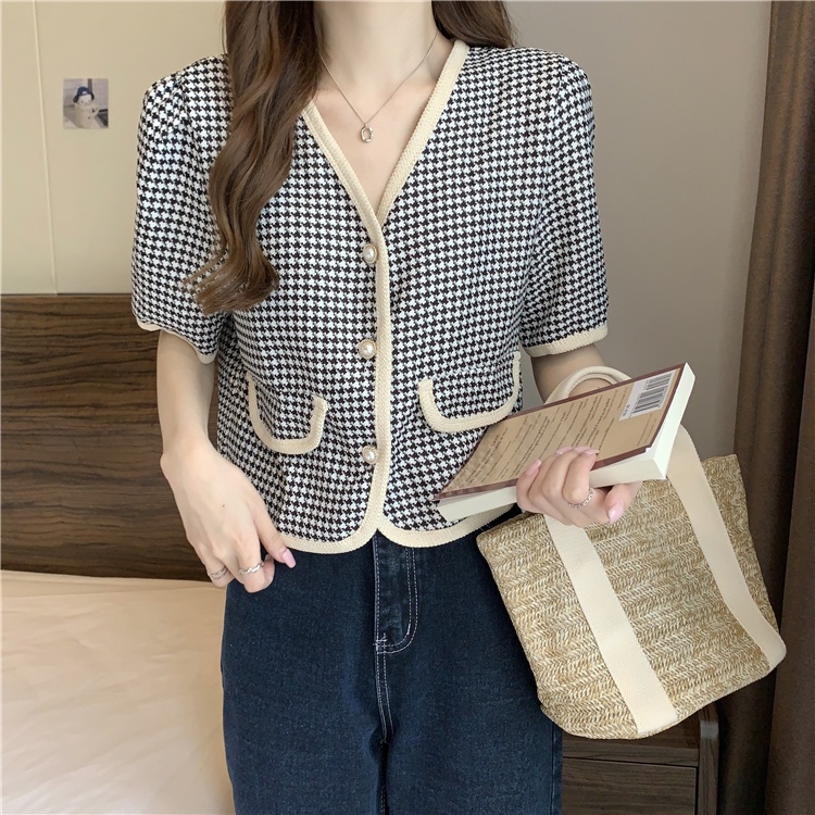 Áo Dệt Kim Nữ Màu Hồng, Ghi Cổ V Tay Ngắn Dáng Rộng Có Túi Nắp Họa Tiết ZicZac Caro Thời Trang Phong Cách Hàn Quốc
