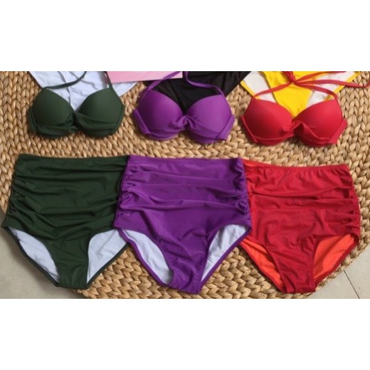 Đồ Bơi Nữ 2 Mảnh Xoắn Ngực Nhiều Màu, Set Bikini Quần Cạp Cao Nhún Che Bụng [Ảnh Chụp Thật] - OS025