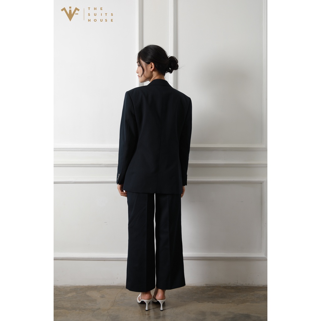 Bộ vest nữ xanh đen đậm 2 khuy ống rộng, suits sartorial chất cashmere The Suits House