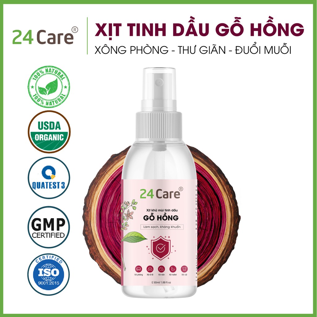 Xịt khử mùi thơm phòng Gỗ Hồng 24Care 50ml - kháng khuẩn, khử mùi hôi, đuổi muỗi, côn trùng