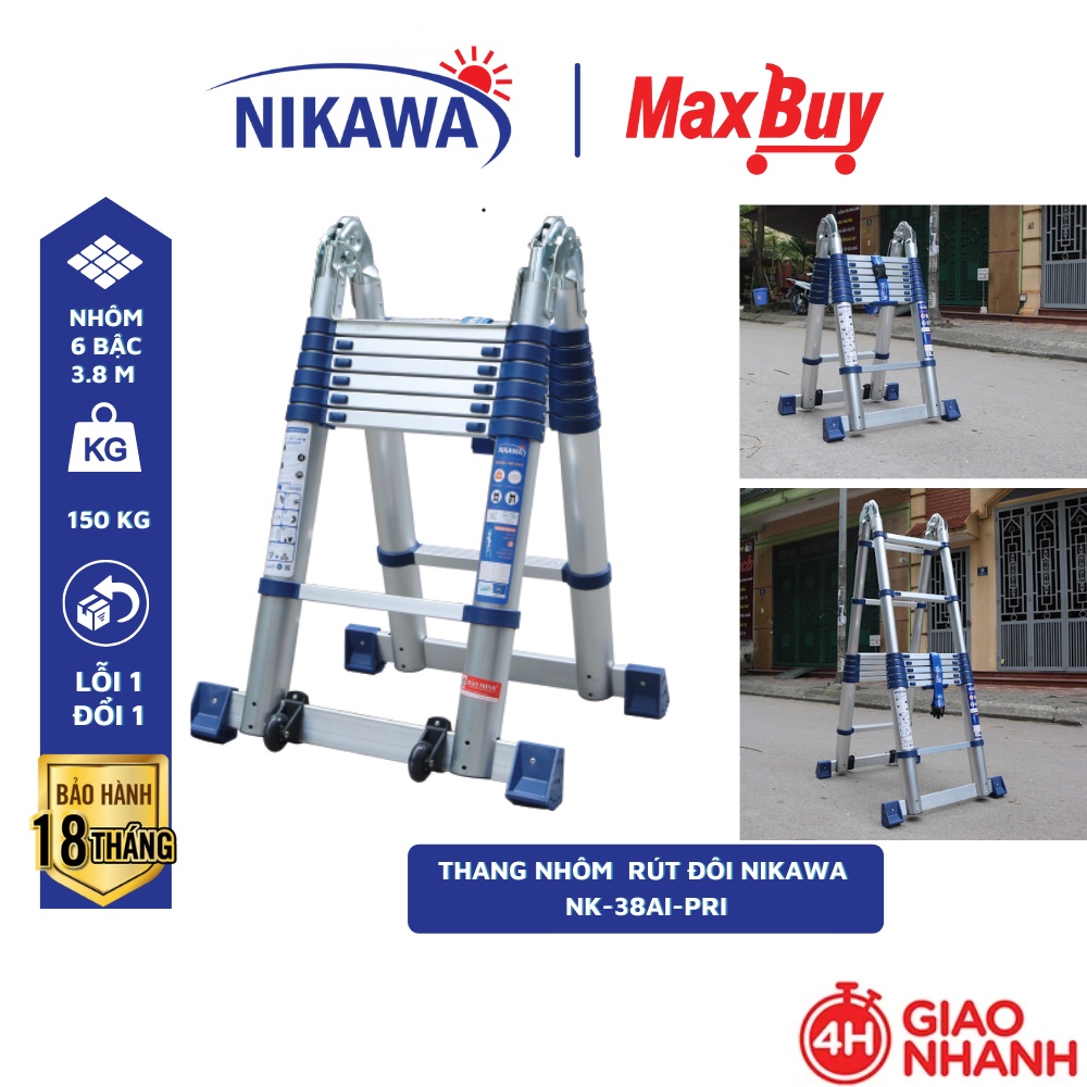 Thang nhôm rút đôi chữ A Nikawa NK-38AI-Pri, chiều cao chữ A 1.9m, 6 bậc, nhập khẩu Nhật Bản, bảo hành chính hãng