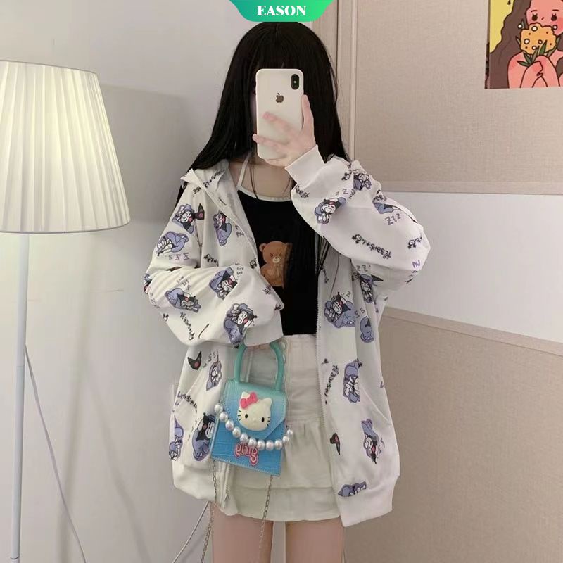 Áo Khoác Sweater Dáng Rộng Có Mũ Trùm Phối Khóa Kéo In Hoạt Hình Sanrio Kulomi Kiểu Nhật Bản Thời Trang Thu Đông Cho Học Sinh