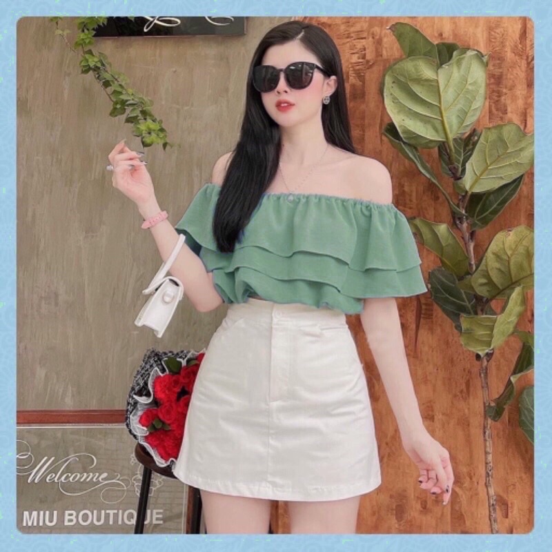 Set  Áo Bệt Vai Đũi Bèo Trễ Vai Phối Chân Váy KaKi