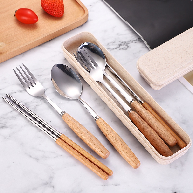 Bộ Thìa Đũa Dĩa Cán Gỗ Chất Liệu Inox Sáng Bóng Kèm Hộp Đựng