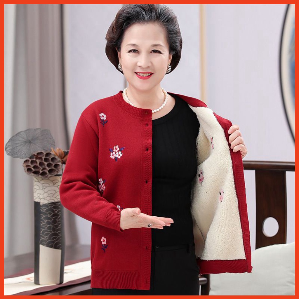 Áo Len Trung Niên Thêu Hoa Lót Nỉ Cho Mẹ Cho Bà, Áo Len Cadigan Nữ Trung Cao Tuổi.