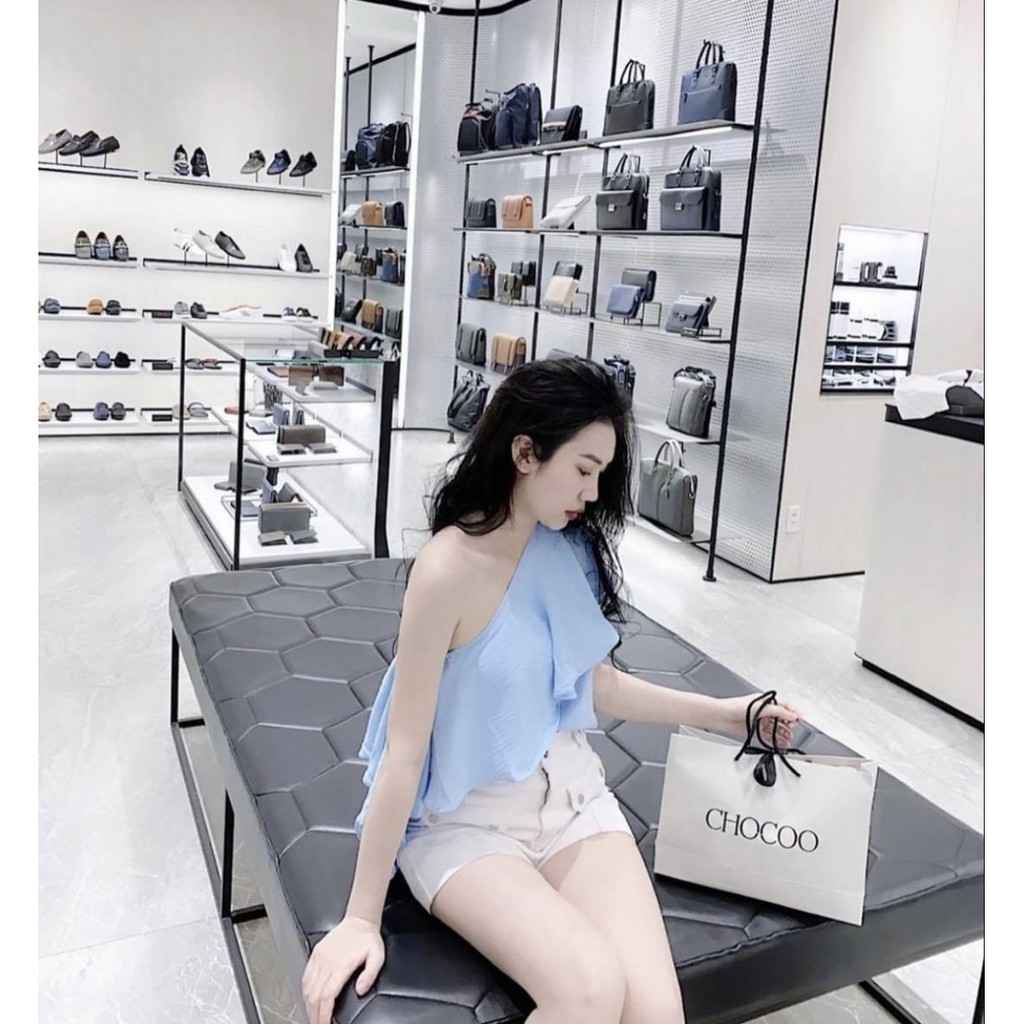 Áo Lệch Vai Bèo Xéo Chất Liệu Đũi (XANH)