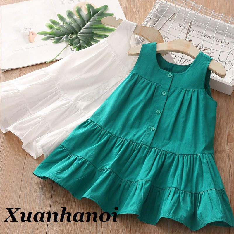 Váy bé gái hè maxi đi biển size Nhí và Đại 8-34kg Xanh và Trắng XHN625