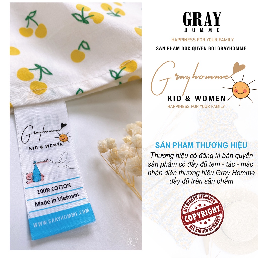 Váy bé gái GRAYHOMME họa tiết Cherry Vàng, dáng rộng, chất Thô cotton thoáng mát thấm hút mồ hôi tốt (VK007)