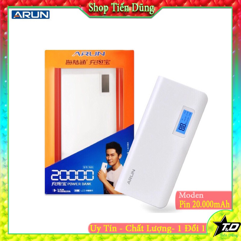 PIN SẠC DỰ PHÒNG 20000mAh ARUN có đèn led hiển thị phân trăm pin 2 cổng sạc USB