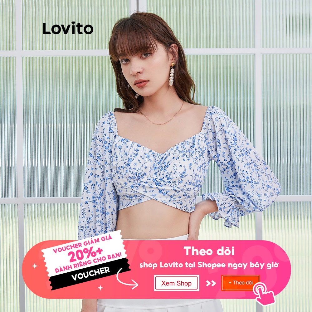 Áo kiểu Lovito L04146 dài tay màu trắng họa tiết hoa nhí dáng ôm vừa vặn có dây thắt sau lưng | BigBuy360 - bigbuy360.vn