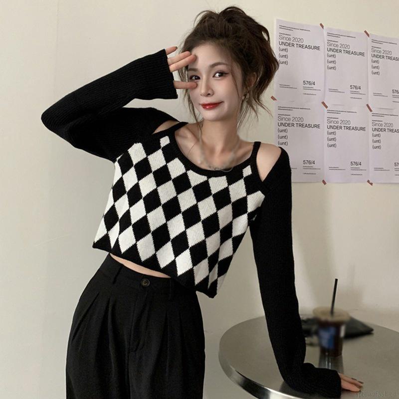 Áo sweater dệt kim tay dài phối màu thời trang cho nữ