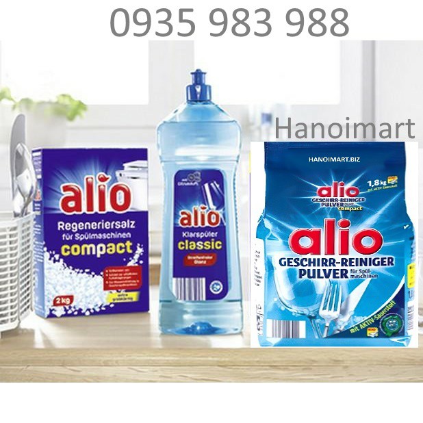 Combo Bột rửa bát Alio 1,8kg + Muối rửa bát Alio 2kg + dung dịch nước làm bóng Alio 1000ml ( bột rửa chén alio 1.8kg 1L)