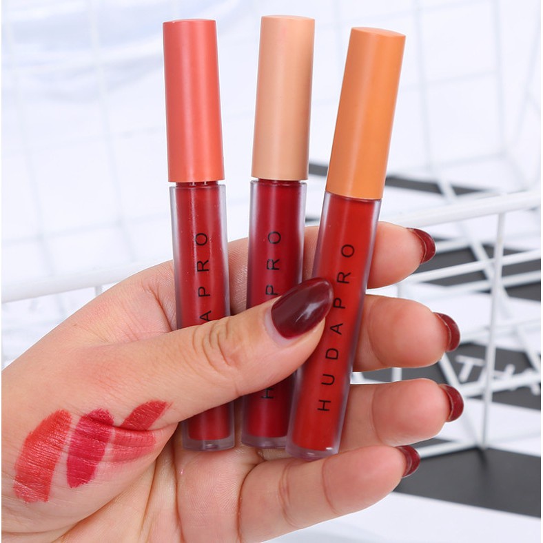 Set Son Kem 3 Cây HUDAPRO LOVE LIPS GLAZE Tone Đỏ Tây Auth Nội Địa