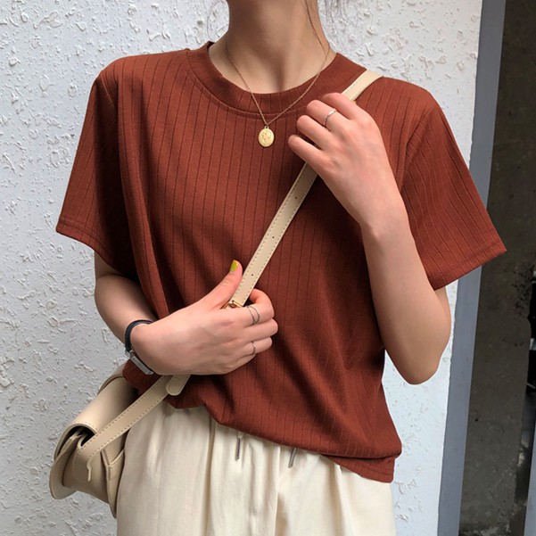 Xiaozhainv Áo Thun Nữ Tay Ngắn Màu Trơn Phong Cách Hàn Quốc