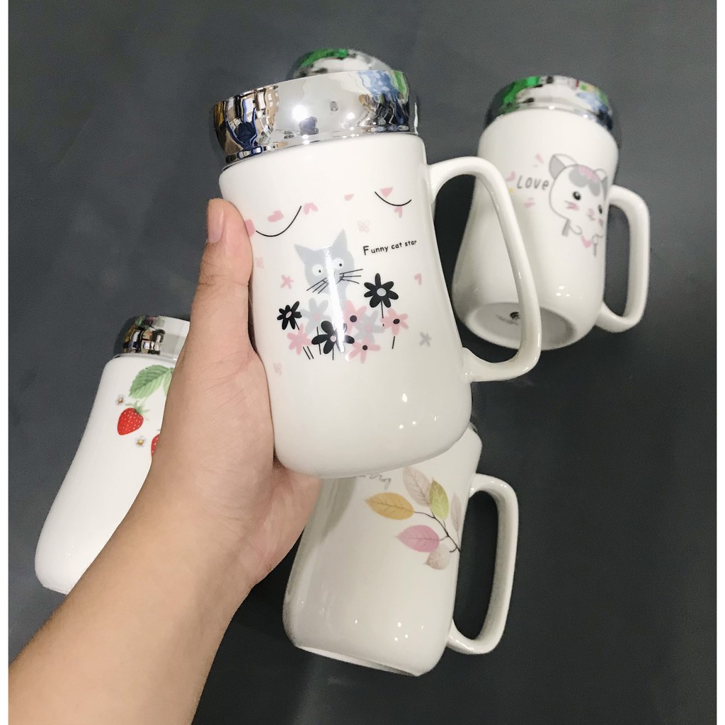 [ Ảnh thật] Ly bằng sứ có nắp kiếng tráng gương 300ml, dễ thương, cute....