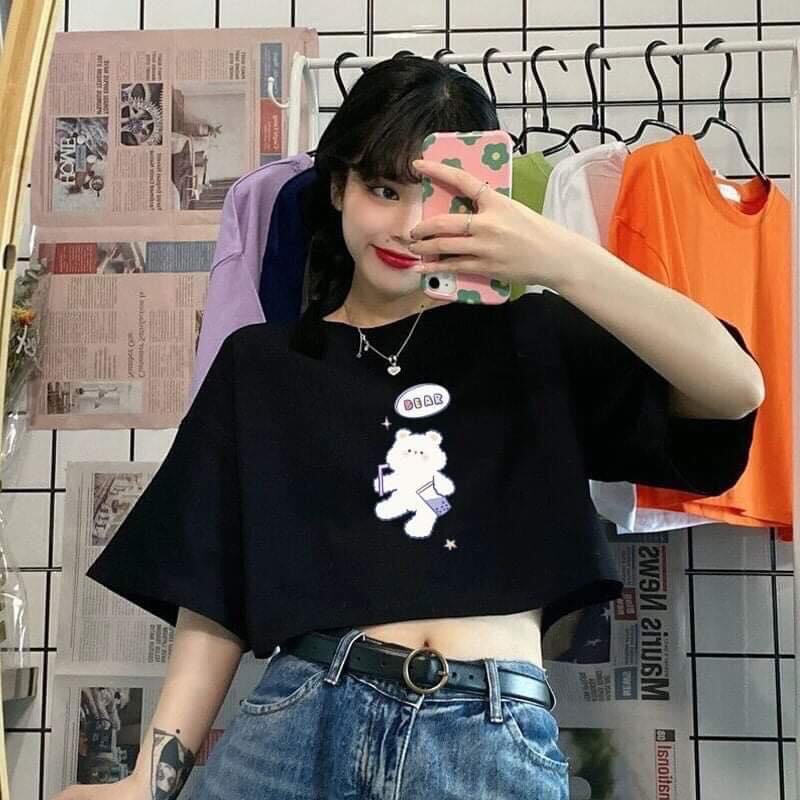 Áo croptop nữ tay ngắn in hình chú gấu Bear
