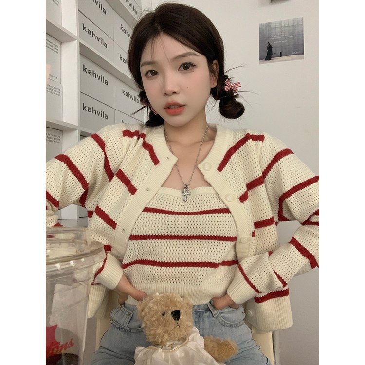 ZHELIHANGFEI Áo Cardigan Dệt Kim Hai Dây Lưng Cao Họa Tiết Kẻ Sọc Phong Cách Quyến Rũ