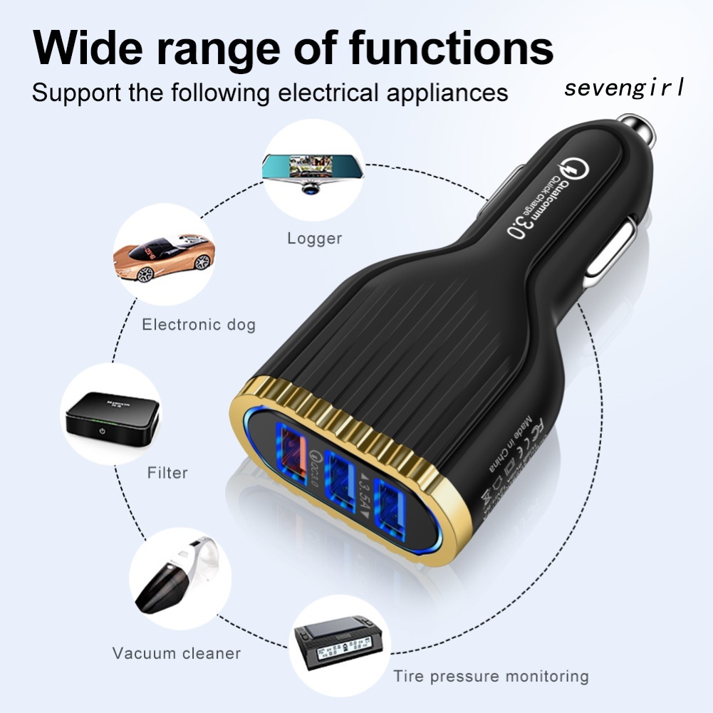 Củ Sạc Nhanh Sev-3.5A 3 Cổng Usb Qc3.0 Cho Xe Hơi