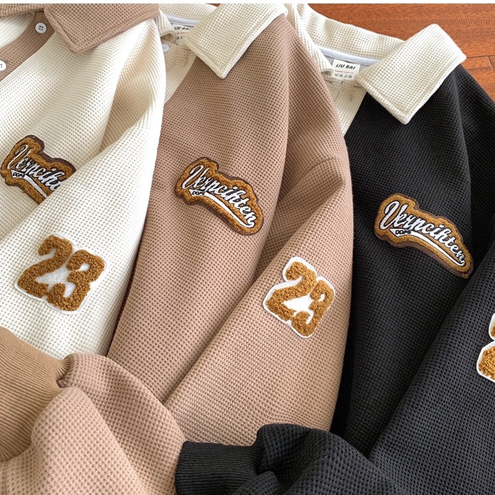 Áo sweater polo Tay Dài Thêu Họa Tiết Phong Cách retro Mỹ Thời Trang Xuân Thu Cho Nam