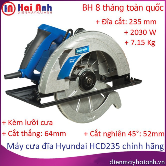 Máy xẻ gỗ mini- Máy cưa gỗ Hyundai HCD238 - 235mm , 2030 W mạnh mẽ, động cơ dây đồng bền bỉ, Công nghệ Hàn Quốc