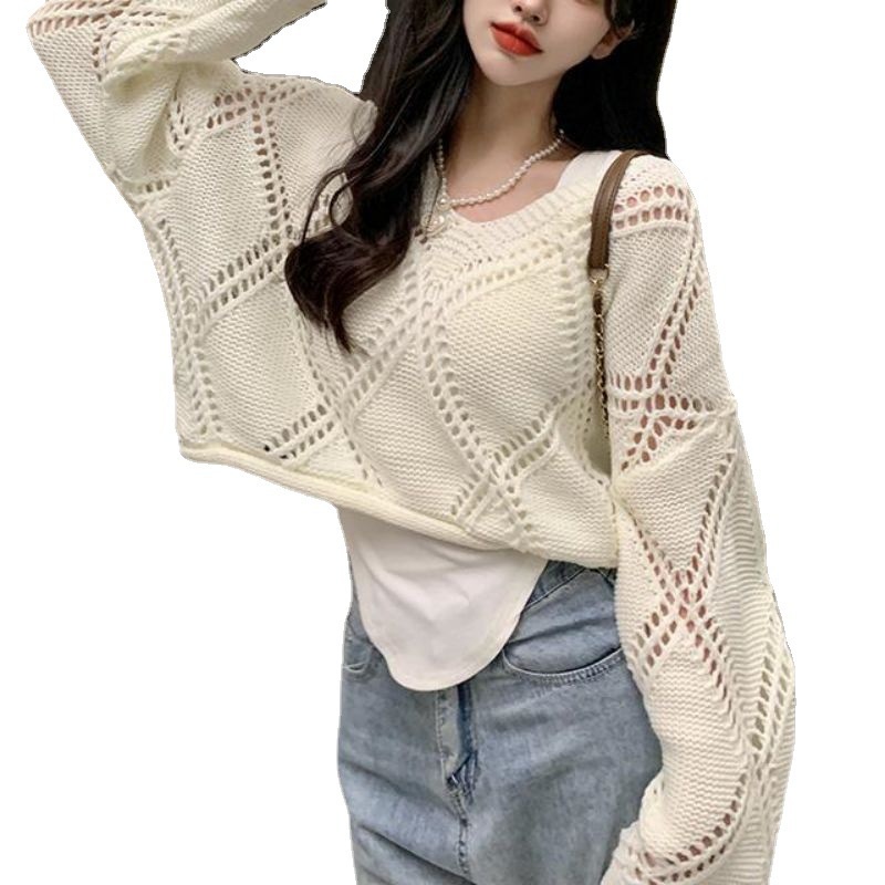 Áo Sweater Dệt Kim Tay Dài Cổ Chữ V Đính Đá Thời Trang Dành Cho Nữ